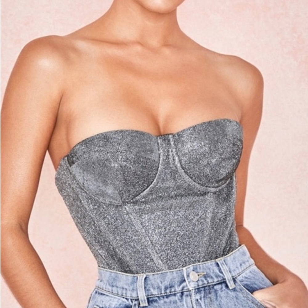 Worn Once 🫶🏾🫶🏾 HOUSE of CB DONATELLA SILVER SPARKLY CORSET BUSTIER